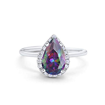 Teardrop Pear Wedding Ring Simulated Rainbow CZ 925 Sterling Silver